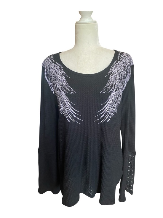 Vocal Tops - Vocal Womens Angel Wing Black Waffle Knit Top Shirt